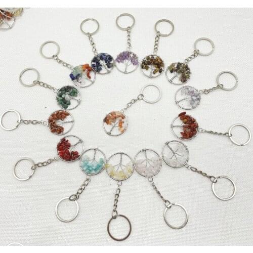 Hot Selling Natural Gem Stone Crystal Quartz fluorite lapis amethyst 7 Chakra Round Life Of Tree Pendant Keychain Chain Gift