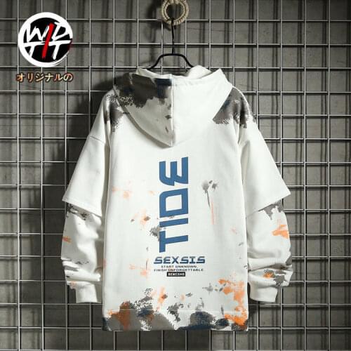 Autumn Winter Japanese Fashion Fake Two Piece Hoodie Mens Ins Korean Fashion Camouflage Printed Loose Coat 2020 Student Trend