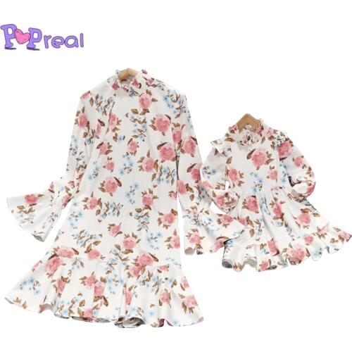 PopReal Fashion Mom And Daughter Skirt Parent-Child Outfit Family Matching Outfits Flowers Print Dress Flared Sleeves