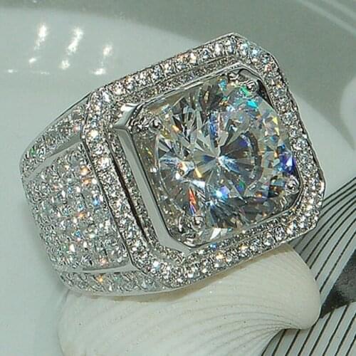 Luxury Full Micro Pave Rhinestone Iced Out Bling White Gold Color Ring High Quality Crystal Rock Rings for Men Jewelry