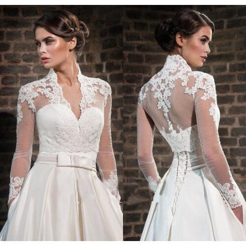 Long Sleeve V-neck Wedding Jackets High Collar Lace Top Bridal Bolero Wraps Cape Shawl Lace Wedding Accessories 2019