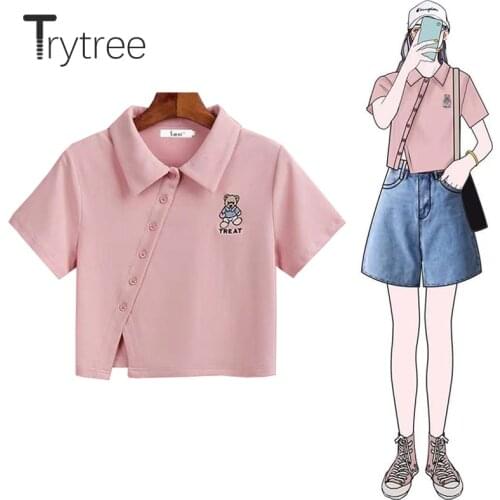 Trytree Summer Blouse Women Casual Embroidery Bear Individualized Single Breasted Short Shirts Office Lady Cotton Blended Tops
