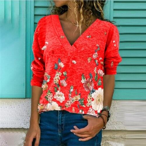 Women V-Neck Flowers Print Long Sleeve T-shirt Casual New Fashion Female Spring Autumn Tops Vintage Women Plus Size Tee Shirts