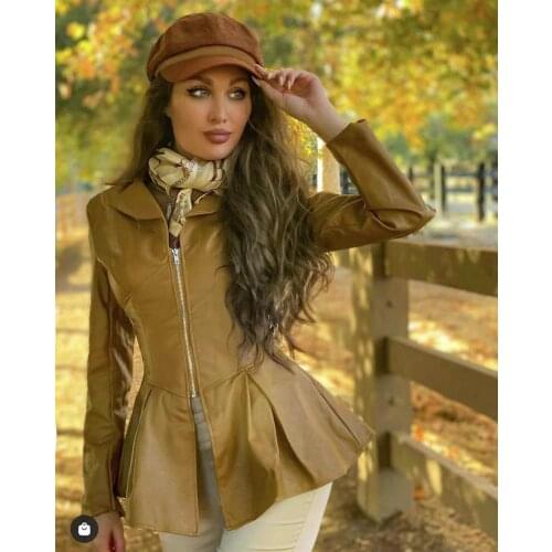 2020 new turn-down collar full sleeves high waist zippers short PU Leather jacket autumn and winter coat