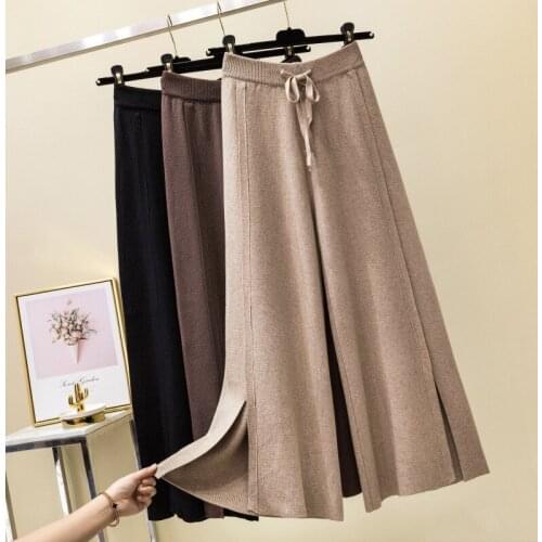 2020 Winter Women Casual Solid Knitted Pants Split Elastic High Waist Elegant Office Wear Pants Lady Loose Straight Long Pants