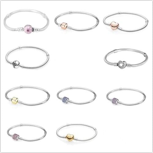 925 Sterling Silver Rose Love Heart Clasp Snake Chain Pan Bracelet Fit Women Bead Charm Jewelry