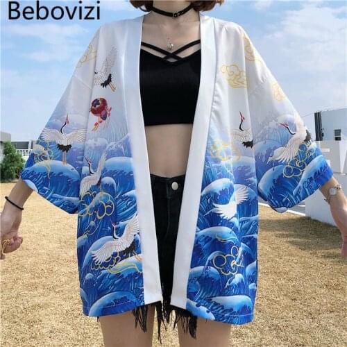 Women Harajuku Hip Hop Fashion Casual Streetwear Jacket Summer Cardigan Yukata Japanese Crane Printed White Blue Kimono