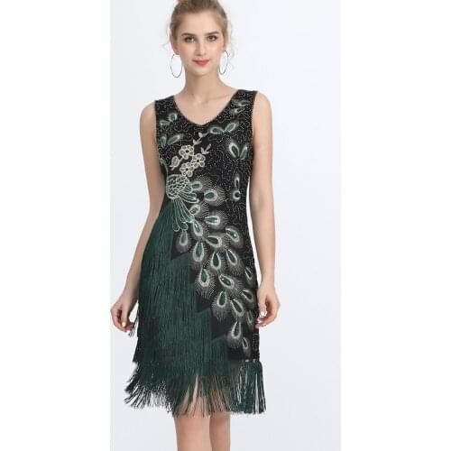 Plus Size Women 1920s Flapper Dress Vintage V-Neck Sleeveless Peacock Embroidery Great Gatsby Dress Sequin Fringe Party Dress