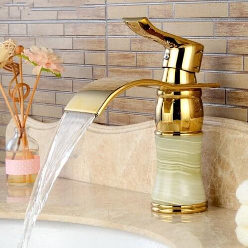 Gold Bathroom Basin Faucets Solid Brass & Jade Sink Mixer Hot & Cold Single Handle Deck Mounted Lavatory Waterfall Taps