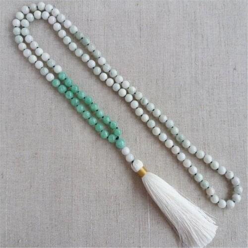 6mm 108 Zhuhai Sapphire White Chalcedony Knotted Tassel Mara Necklace Wrist Meditation Lucky Handmade Chic Cuff Elegant Chakra