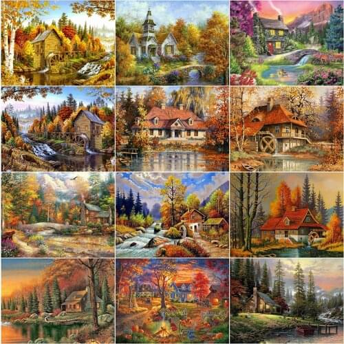 EverShine Diamond Embroidery Landscape Diamond Painting Full Square House Cross Stitch Autumn Rhinestones Needlework Home Decor