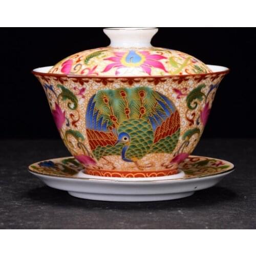 Jingdezhen Porcelain Gaiwan Enamel Hand-Painted Peony Tea Bowl with Saucer Lid Kit Master Tea Cup Tureen Teaware Drinkware