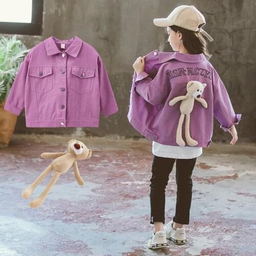 Girls Boys Spring Autumn Cute Cartoon Bear Jeans Jacket Kids Children Coat Two Colors Toddler Baby Letter Embroidery Cardigan