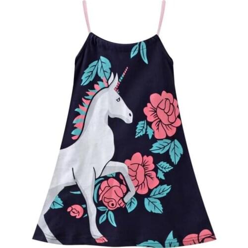 Jumping Meters Fashion Breathable Girls with Flowers Unicorn Pattern Cotton Kids Summer Sling Sleeveless Dress for Casual Skirt