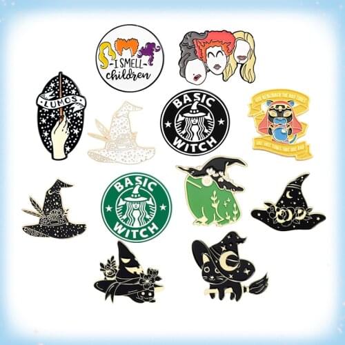 Witch Series Enamel Pins Black White Starry Wizard Hat Brooches for Women Backpacks Lapel Pin Gothic Metal Badge Jewelry Gifts