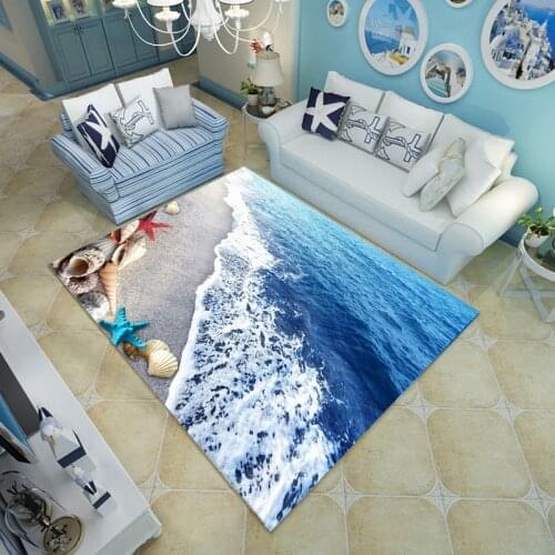 Blue Sea Beach Mediterranean Style 3D Carpet Living Room Coffee Table Sofa Bed Bedroom Floor Mat Custom Washable Beach Shells