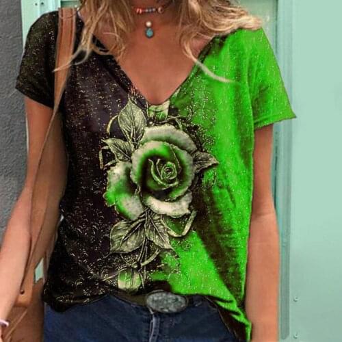 Summer Women V Neck Floral Rose Printed Short Sleeve Casual Pullover Size Streewear Loose Clothing Plus Ladies Shirt Top Ts D0Q6