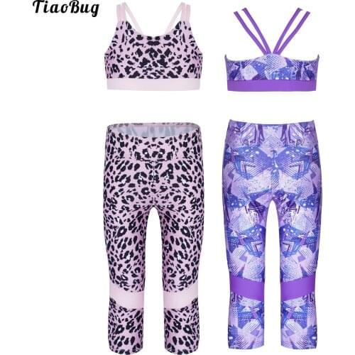 TiaoBug Summer 2Pcs Kids Girls Sport Dance Yoga Suit U Neck Spaghetti Straps Cropped Top Pants Sets Sportswear