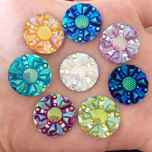 Hot 100pcs 20mm AB Resin Round Flatback 3D Flower Rhinestone Wedding Buttons for Diy K84*10