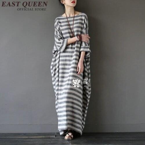 Linen dresses summer oriental style dresses women summer long dress 2018 new batwing sleeve striped robe AA2569 YQ