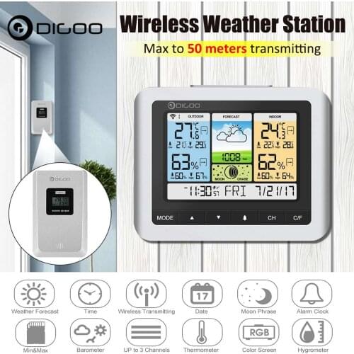 Digoo DG-TH8888 LCD Colorful Wireless Weather Station Home Thermometer Humidity Sensor Outdoor Indoor Forecast Sensor Clock