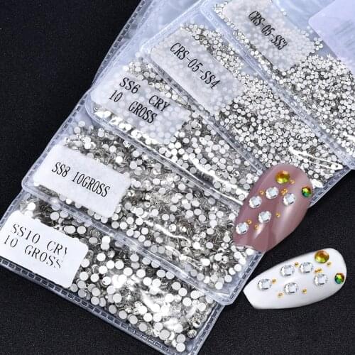 Fashion Shiny 1440PCS SS3 To SS10 Nail Art Stud Glass Round Rhinestoned Acrylic UV Gel 3D Nail Decorations Flatbck Strass Stone