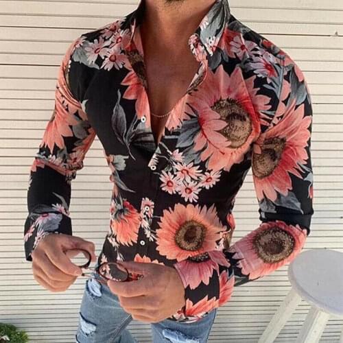 New Mens Floral Shirt Long Sleeve Casual Shirt Fashion Rose Flower 3D Printed Turn-down Collar Slim Fit Shirt For Mens Clothing
