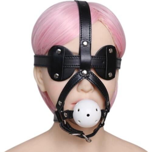 Forced Oral Sex Kit Adjustable Fetish Leather Metal O-rings Buckled Head Harness with Silicone Mouth Ball Gag for Adult Women