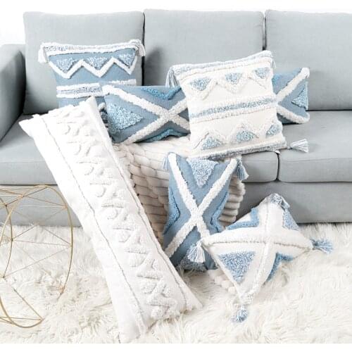 Tassels Geometric Tufted Cushion Cover Blue White Linen Embroidery Pillow Cover Decorative Pillow Case 45x45cm/30x50cm/30x100cm
