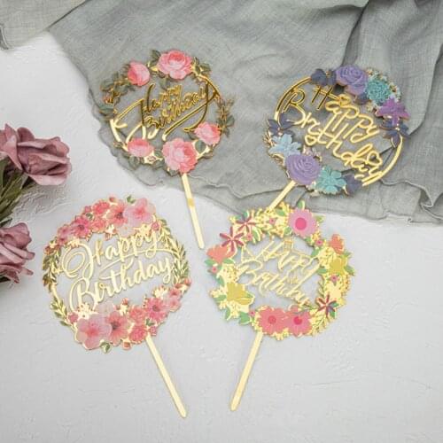 New Colored Flowers Happy Birthday Cake Topper Golden Acrylic Insert Card Cake Toppers Kids Adults Birthday Cake Paper Toothpick