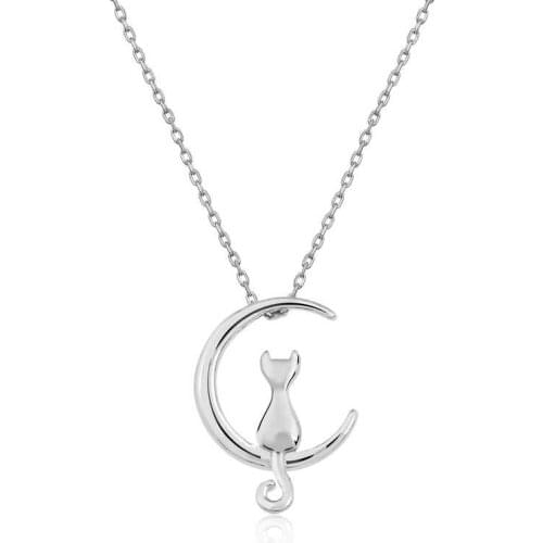 Real Silver 925 Jewelry Silver Crescent Moon Cat Necklace