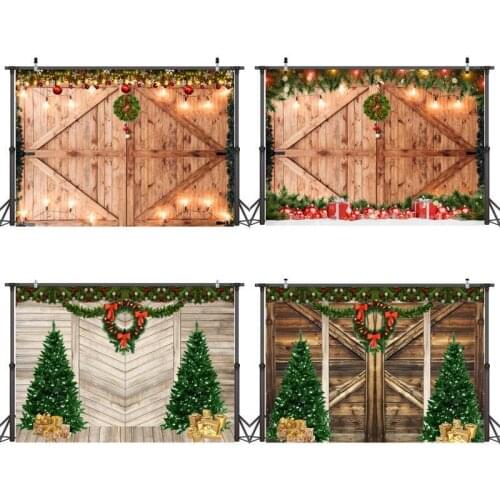 Christmas Lights Wreath Wooden Barn Door Backdrops Photography Newborn Baby Kids Artistic Portrait Backgrounds Photo