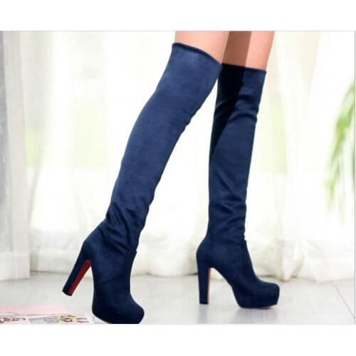 Womens boots Autumn Winter Women shoes High Heel Flock Over-the-Knee Boots Round Toe Platform Slip-On Lady Sexy Long Boots Larg