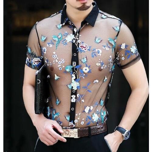 Super Sexy Transparent Shirt Emboridery Camisa Hombre Slim Fit Mesh Shirt Men Outfit Top 4xl Flower See Through Shirt
