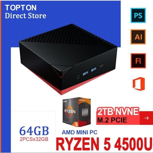 TOPTON D3 Compact Mini PC Gamer AMD Ryzen 5 4500U 2*DDR4 2*LAN NVMe SSD Desktop Computer PD Type-C 3x4K@60Hz Windows 10 AX WiFi6