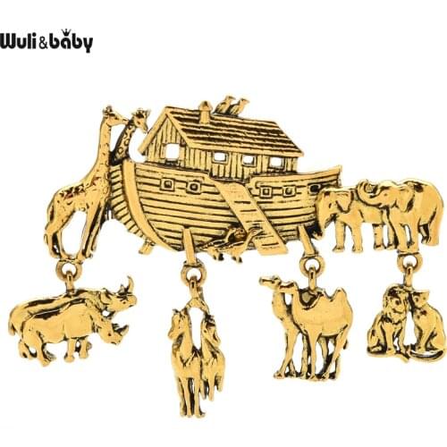 Wuli&baby Animals in Noahs Ark Brooch Pins Shelter Boat Vintage Brooch Jewelry Gift Metal Badge
