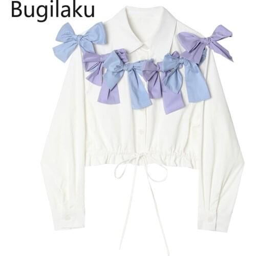 Bugilaku Drawstring Lace Up Autumn Shirts Women Bow Knot White Tops Turn Down Collar Contrast Color Casual Blouse High Street