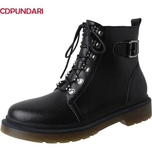 Ladies Black Genuine Leather Low Heels Platform Ankle Boots Women Autumn Winter Punk Martin Short Boots Shoes Bottine Femme