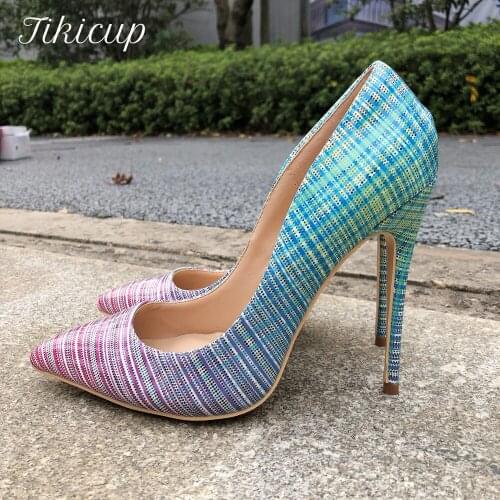 Tikicup Women Gradient Color Plaid Print Patent Pumps Pointy Toe Stilettos Ladies Slip On High Heels Fashion Party Dress Shoes