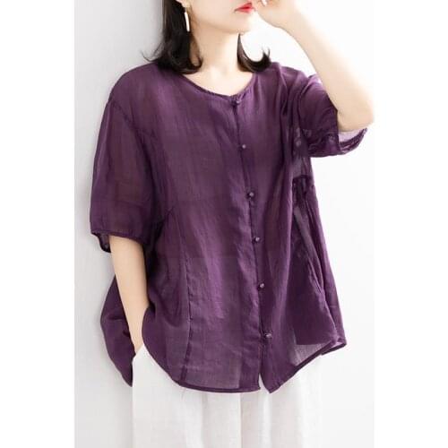 Cotton Linen Vintage Women Shirts O-Neck Button Loose Casual Comfortable All Match Female Outwear Tops
