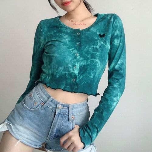 Women’s Casual Long-sleeved Cardigan Autumn Slim Knit Tops Fashion Tie-dye Single-breasted Exposed Navel T-shirt Elegaht Coat