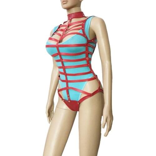 Female Sexy Red Faux Leather Strap Body Harness Cage Teddy Fetish Gimp Role Play Bodysuit Dungeon Costume