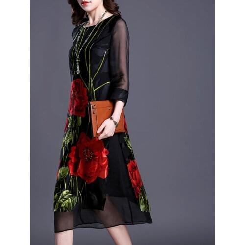 Imitate Real Silk Dresses Plus Size Vintage Loose Women Print A-Line Dress New Pattern Half Sleeves Dress Lady Nightclub Costume