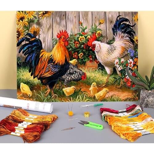 Animal Chicken Printed Fabric 11CT Cross-Stitch Kit Embroidery DMC Threads Craft Handicraft Hobby Handmade Magic Jewelry