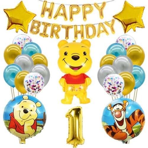 1set Cartoon Balloon Pooh Winnie Tigger Childrens Birthday Party Aluminum Film Balloon Set Golden Birthday Number Decoration