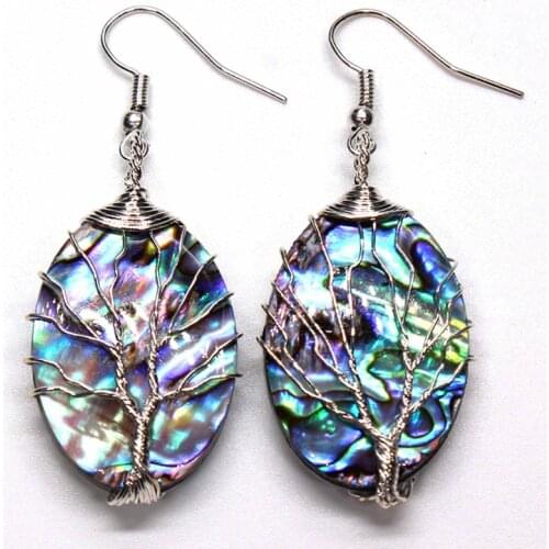 100-Unique 1 Pair Silver Plated Wire Wrap Abalone Shell Marquise Shape Dangle Earrings Elegant Womens Earring