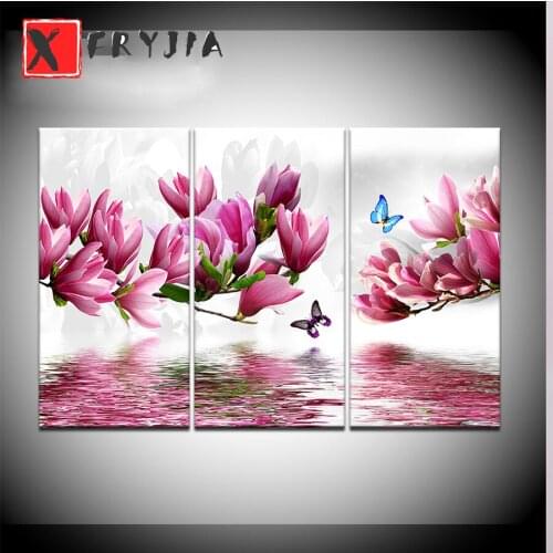 3pcs DIY Diamond Embroidery Magnolia Flowers And Butterflies Full Square Round Diamond Rhinestone 5D Diamond Painting home decor