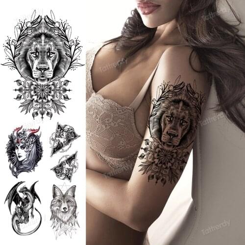 Anime flower tattoo sticker black henna lion tiger fox dragon skull rose tattoo temporary waterproof body art tatoo transfer