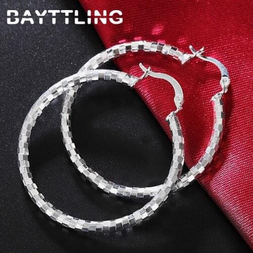 BAYTTLING 40MM 925 Sterling Silver Shiny Bamboo Round Hoop Earrings For Woman Lady Fashion Christmas Gift Wedding Jewelry