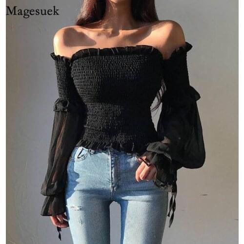Sexy Spring Summer Pleated Solid Blouse Women Ladies Tops Puff Sleeve Off Shoulder Corset Top Blouses Lace Up Casual Shirt 12813